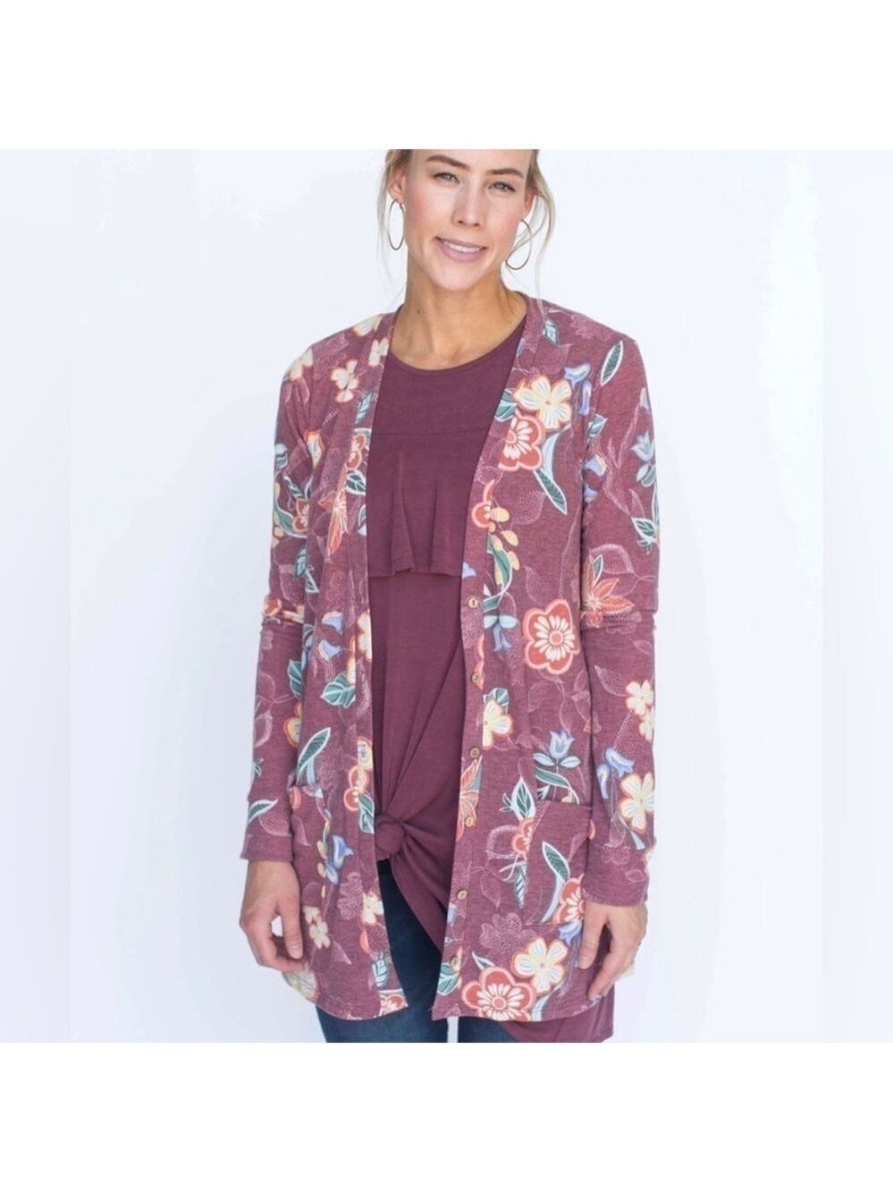 Agnes & Dora Essential Cardigan Red Wine Floral Pockets Size XXXL NWT